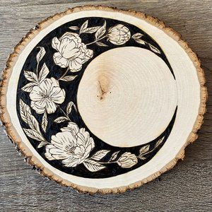 Hand-drawn Wood-burned Crescent Moon with Flowers